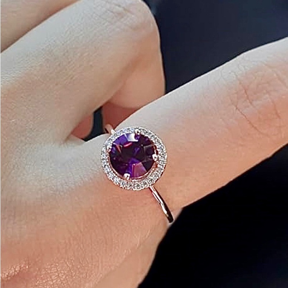 Dainty Amethyst Halo 14k White Gold February Birthstone Ring - Picture 11 of 11